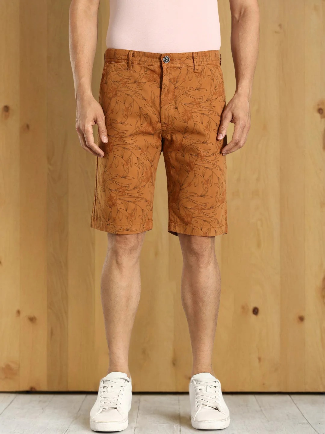 Indian Terrain Men's Slim Fit Tropical Print Light Brown Shorts